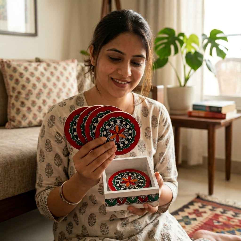 Handmade Rangoli Design Coaster Set Madhubani Painting with Stand | Set of 6 Tea Coasters