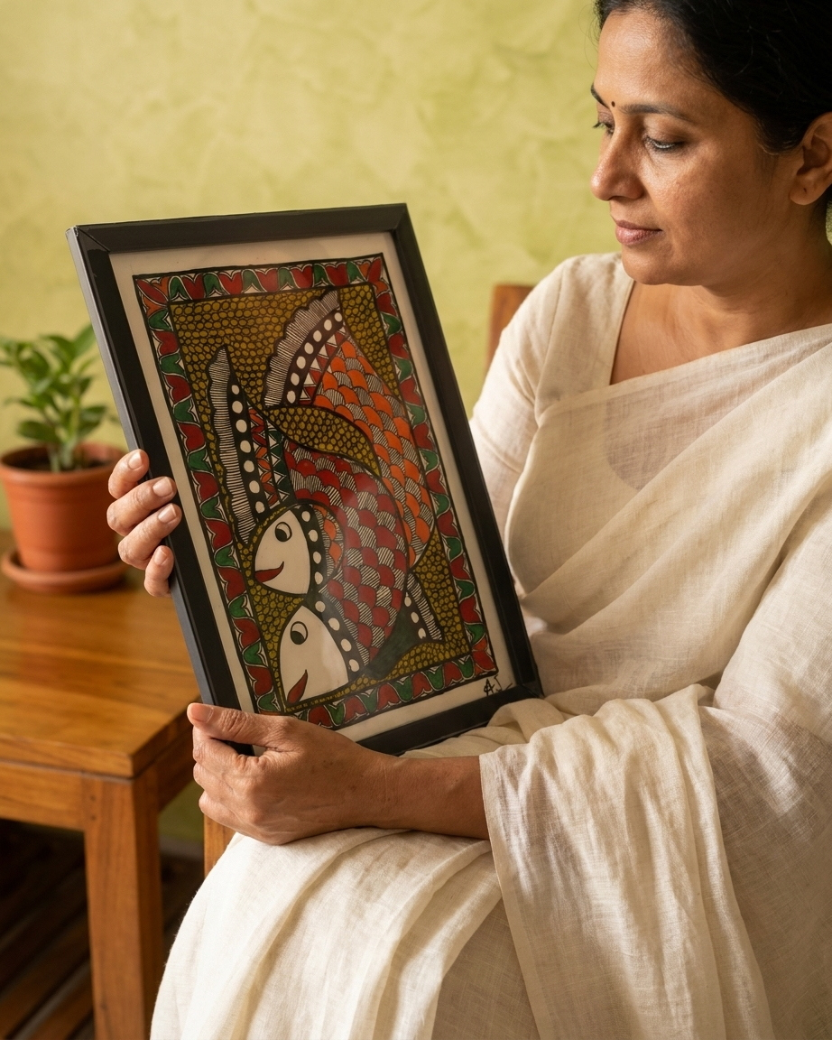Fish Madhubani Painting Framed A4 –  Wall Art Decor