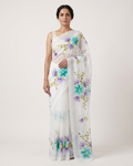 White Floral Handmade Madhubani Painting  Saree with Blouse