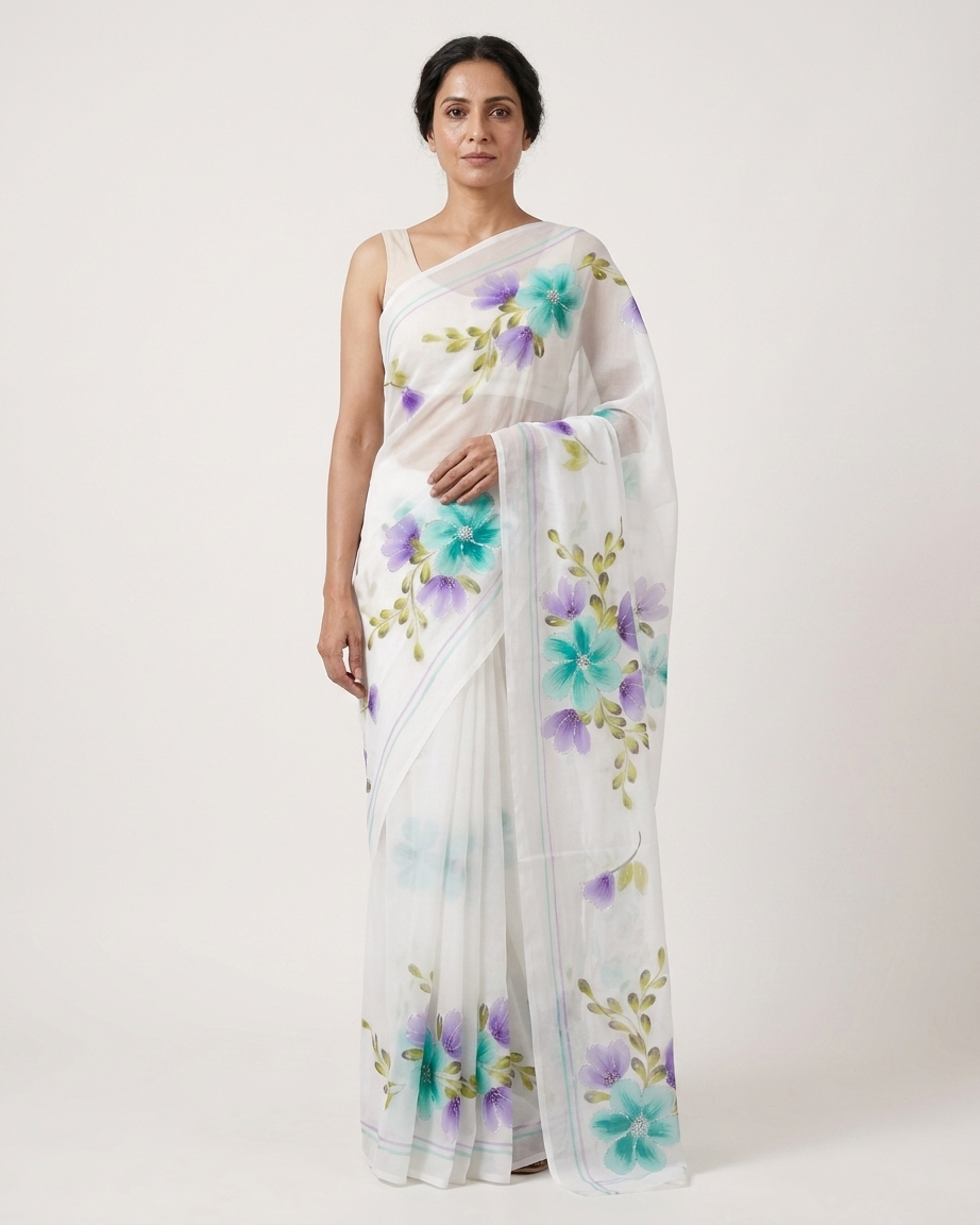 White Floral Handmade Madhubani Painting  Saree with Blouse