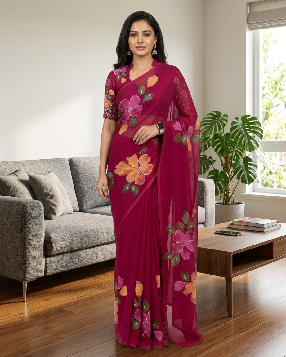 Floral Handmade Madhubani Painting Saree with Blouse  – Traditional Mithila Art Saree for Women