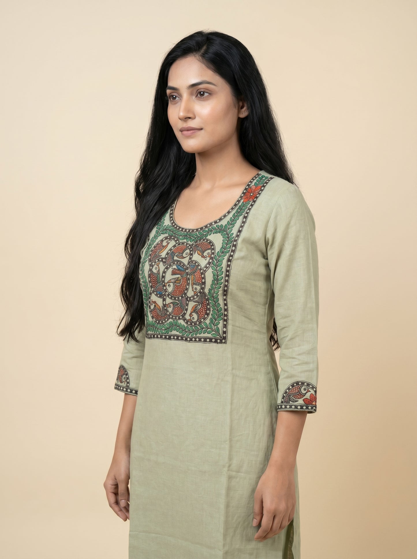 Hand-Painted Madhubani Unstitched Kurti for Women