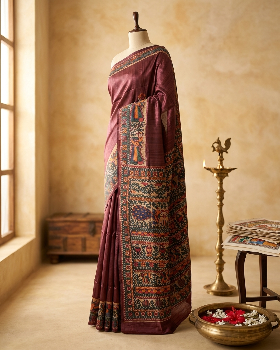 Handmade Madhubani Painting Silk Saree with Blouse | Ethnic Saree for Women