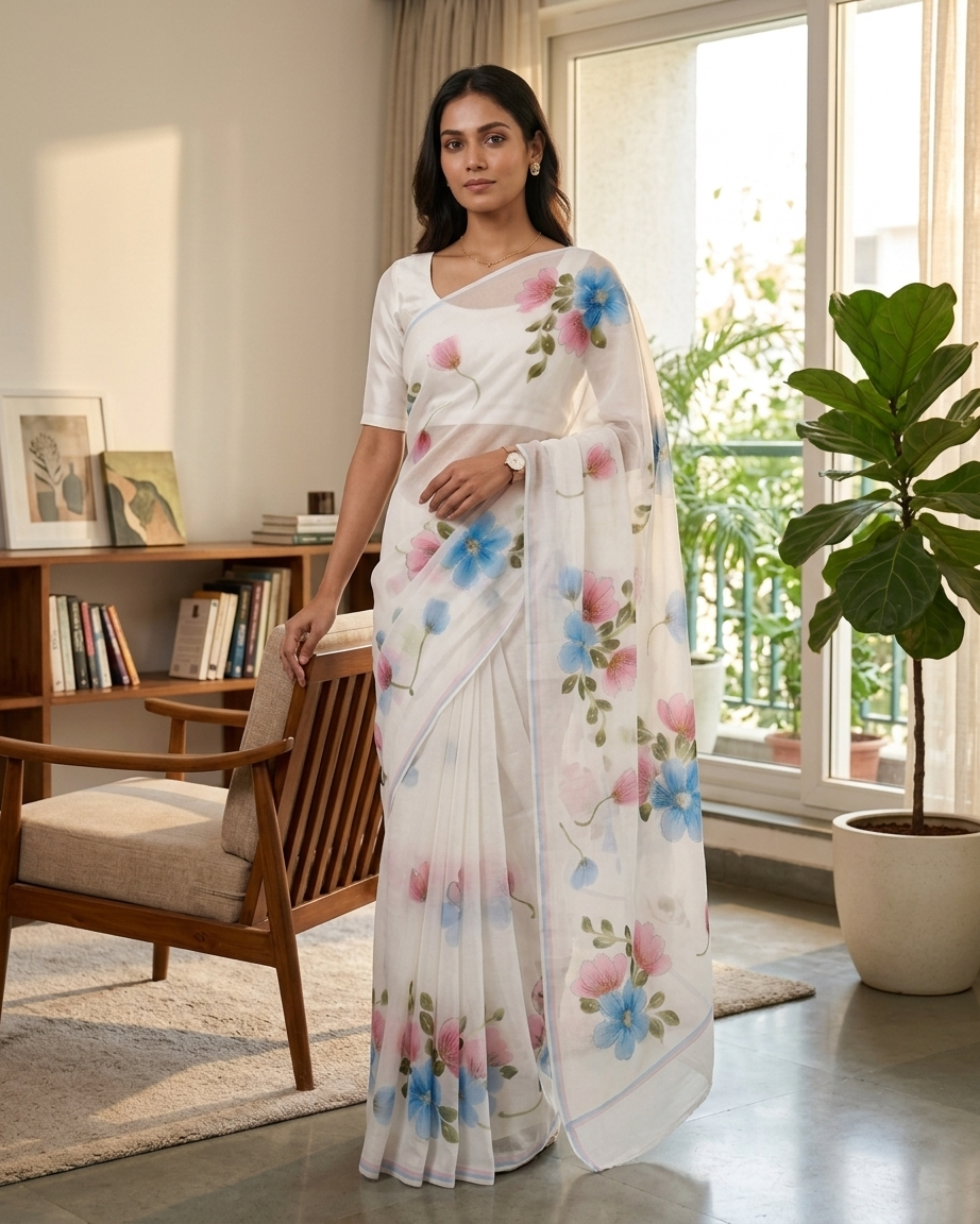White Floral Handmade Madhubani Painting Saree with Blouse