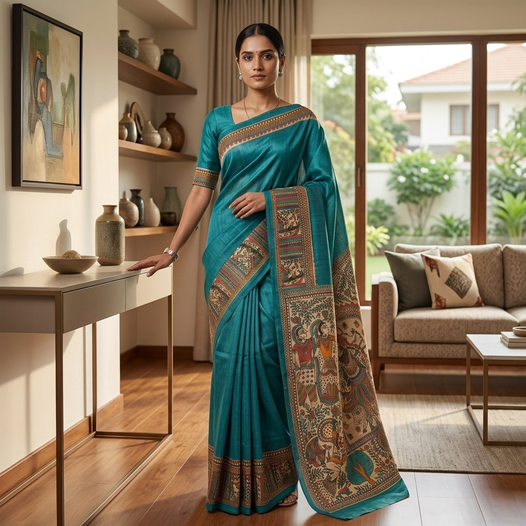 Traditional Bright Blue Handmade Madhubani Painting Saree with Blouse