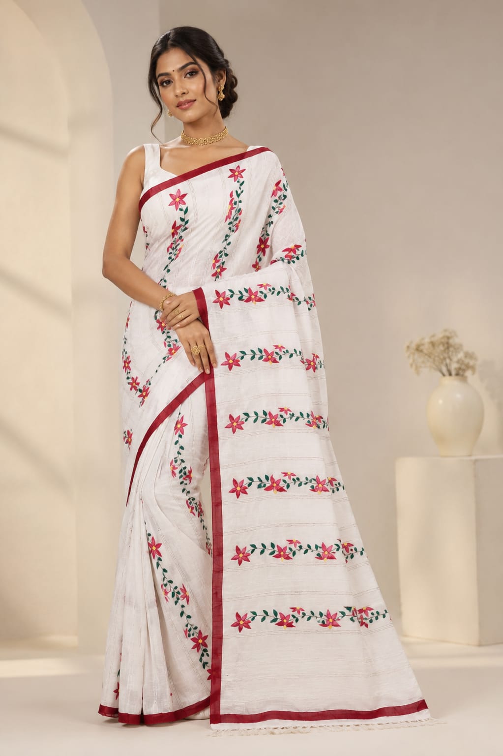 Red & White Floral Handmade Madhubani Painting Saree with Blouse
