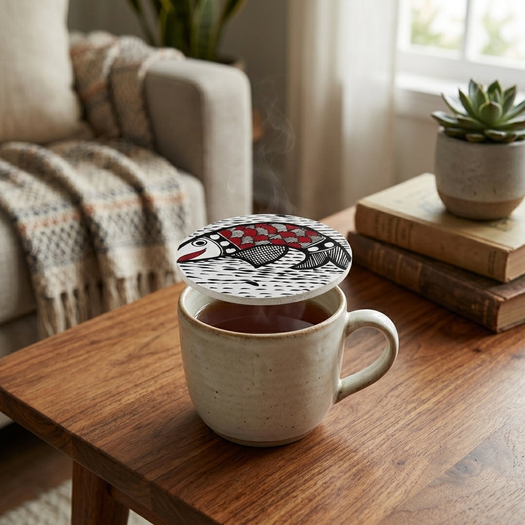 Handmade Fish Design Coaster Set with Stand | Madhubani Painting Tea Coasters Set of 6