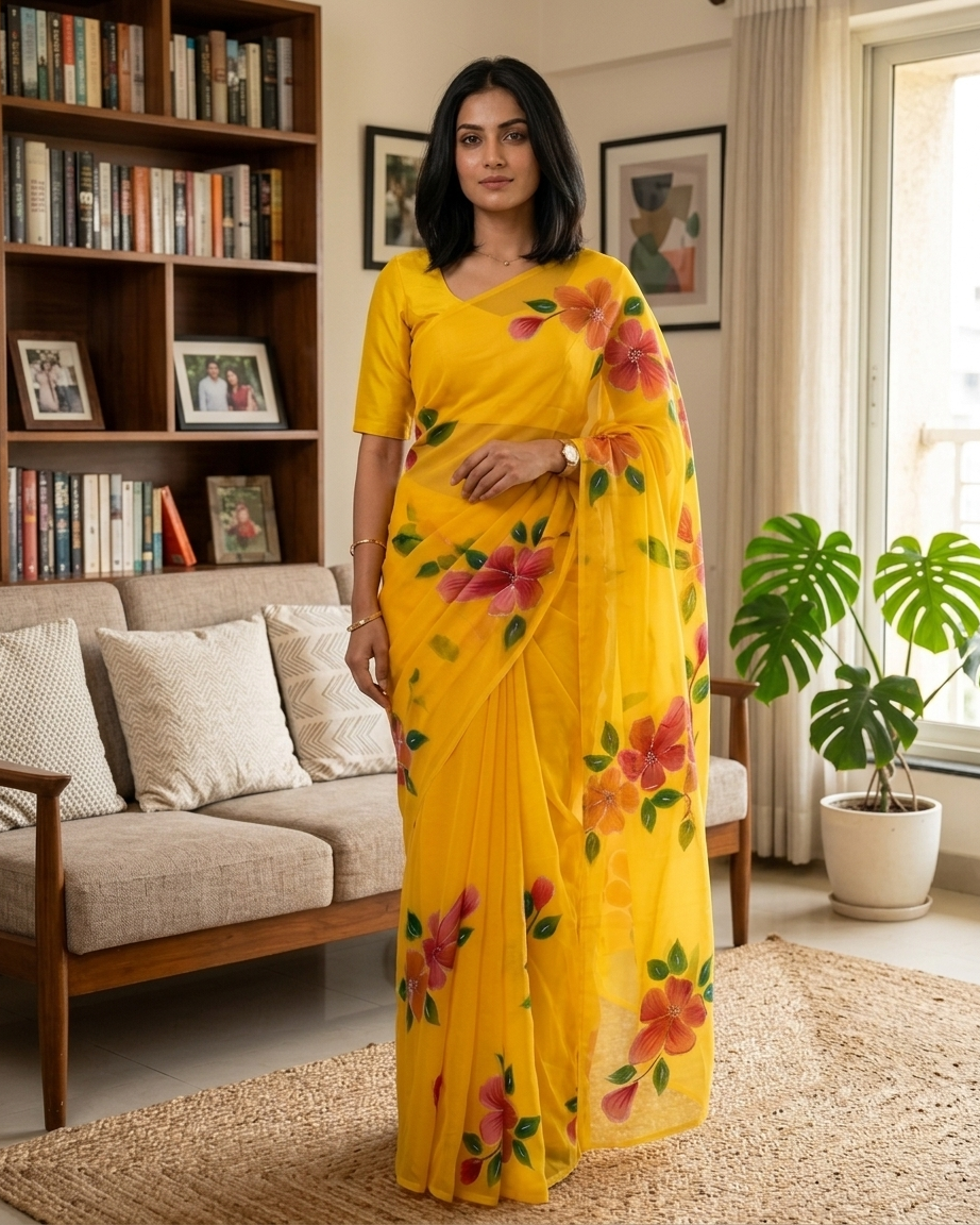 Bright Yellow Floral Handmade Madhubani Painting Saree with Blouse