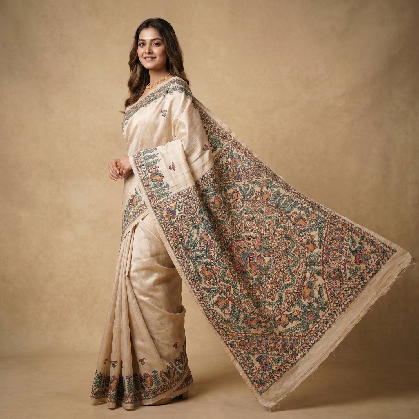 Light Cream Handmade Madhubani Painting Saree for Women