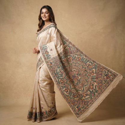 Light Cream Handmade Madhubani Painting Saree for Women