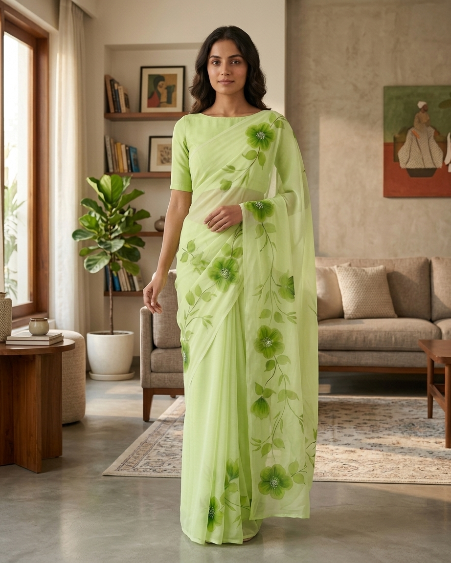Pista Green Floral Handmade Madhubani Painting Saree with Blouse