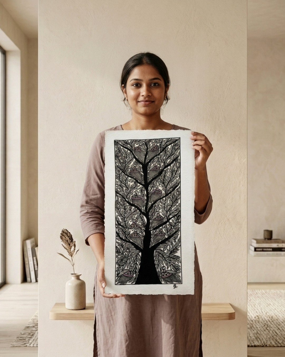 Black & White Tree of Life Madhubani Painting | Handmade Art