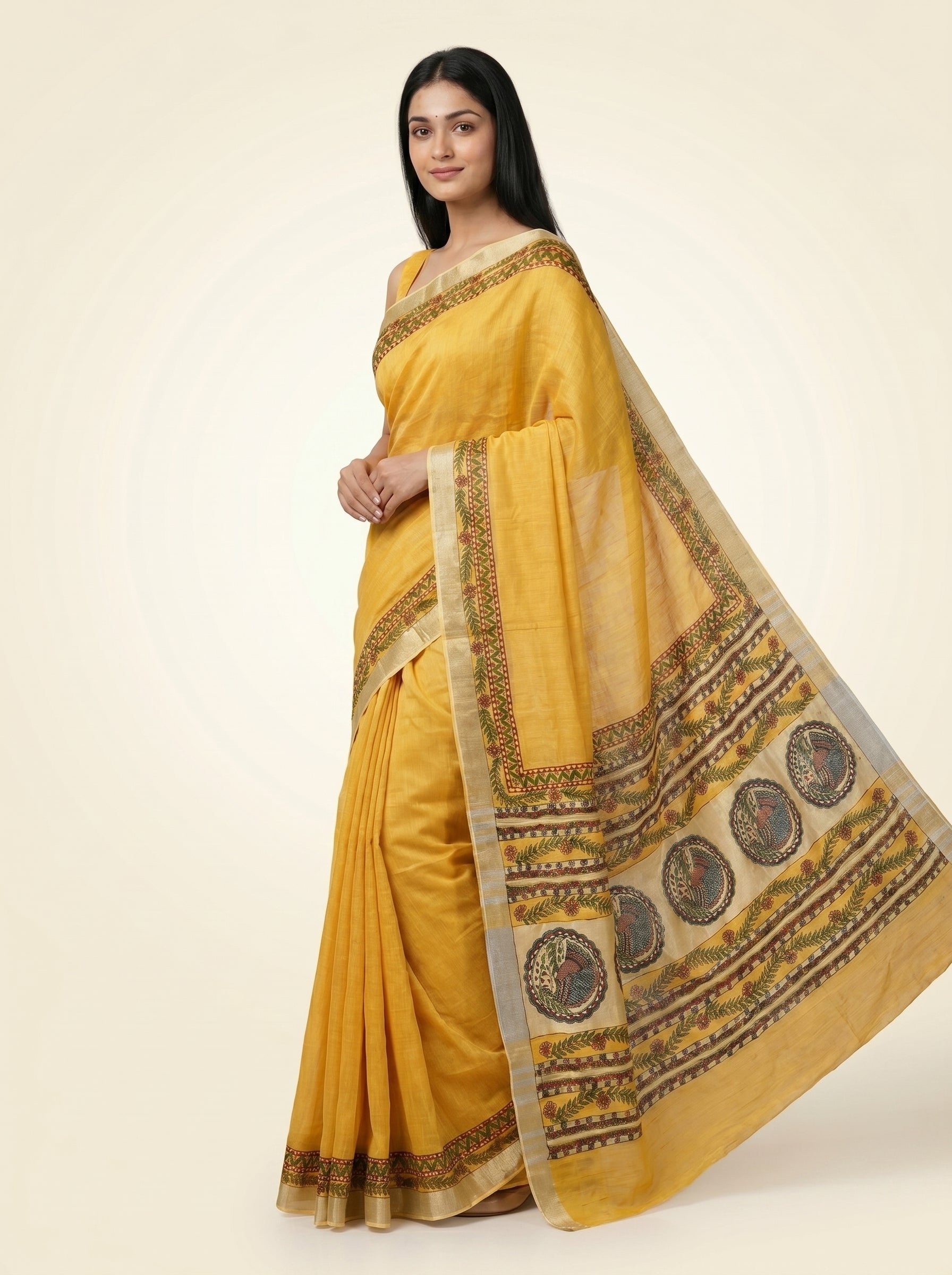 Mustard Yellow Madhubani Painting Saree | Handmade Saree with Blouse
