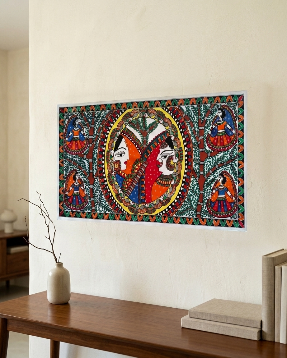 Krishna Radha Rashlila Madhubani Painting Canvas Wall Art Without Frame