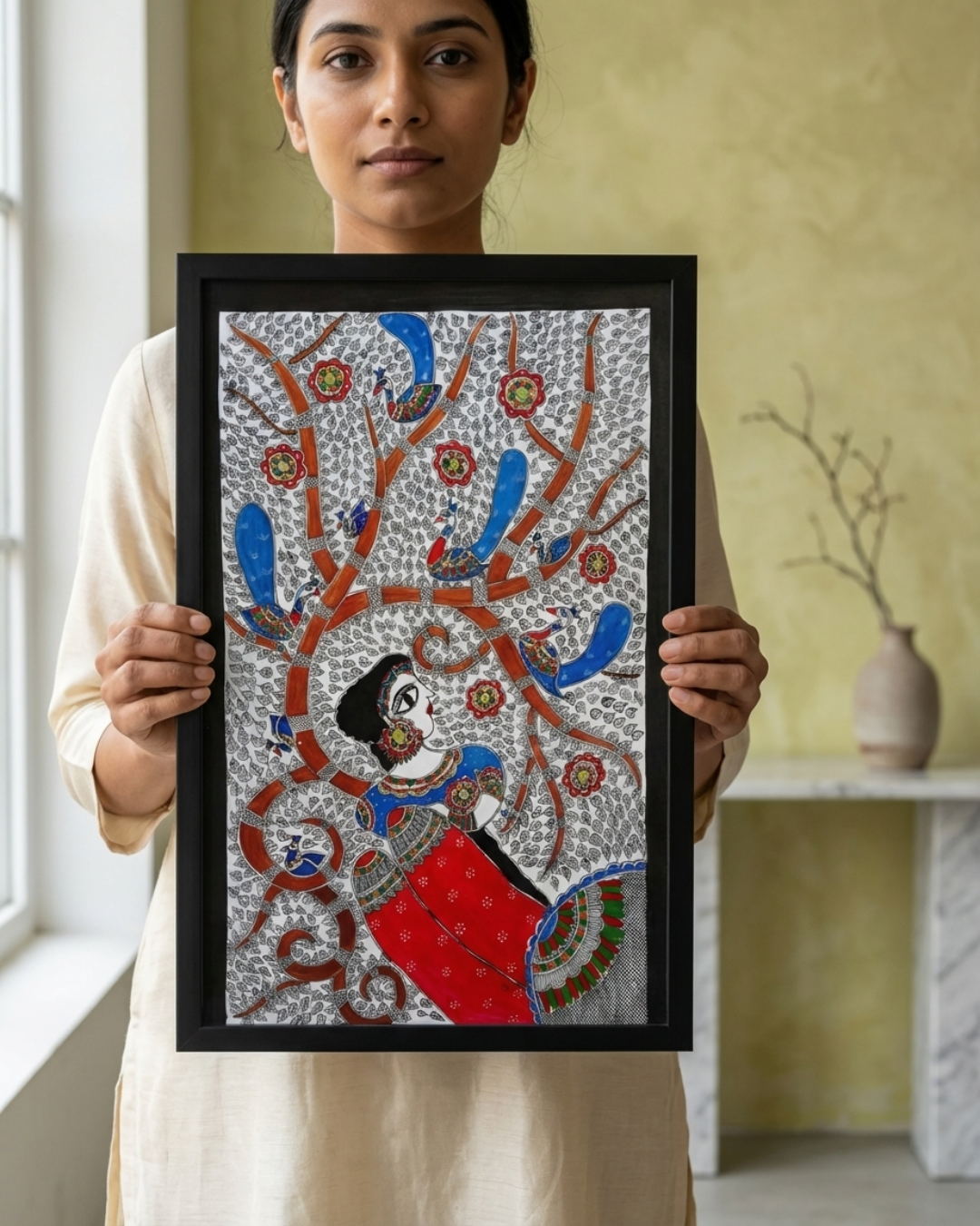 Bharti Mata Madhubani Painting on Handmade Paper (14x22 Inch) – Traditional Mithila Folk Art Wall Decor
