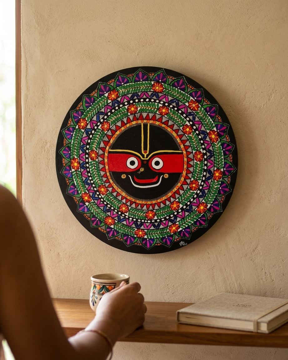 Jagannath Ji Madhubani Painting Wall Art – Handmade MDF Board Spiritual Home Decor