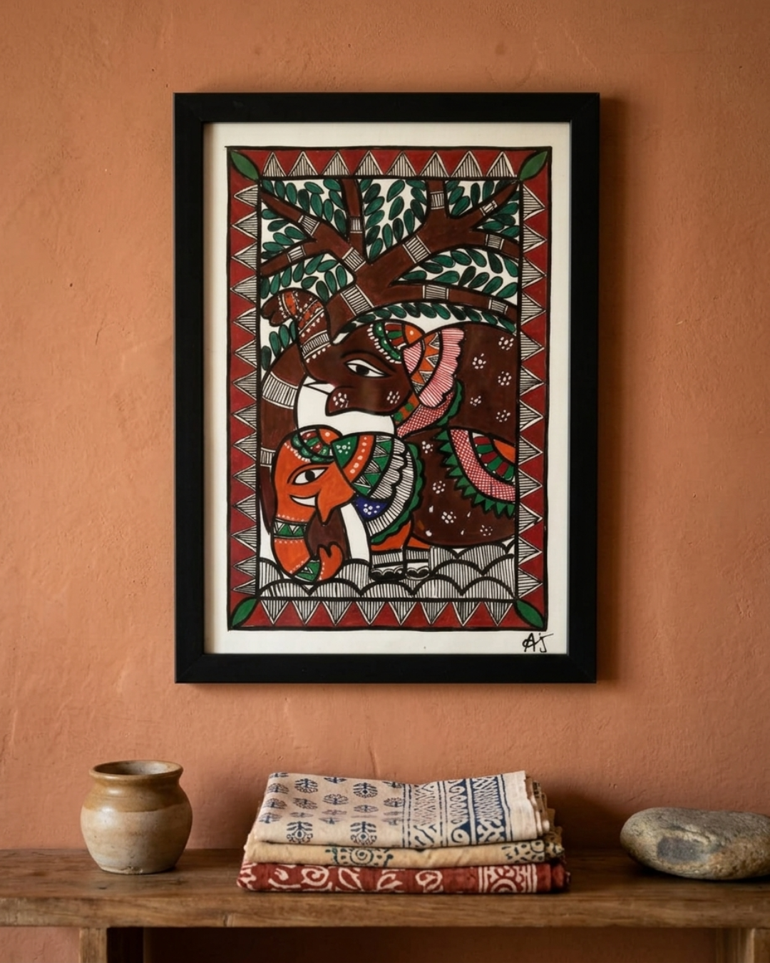 Elephant Madhubani Painting Framed A4 – Wall Art Decor