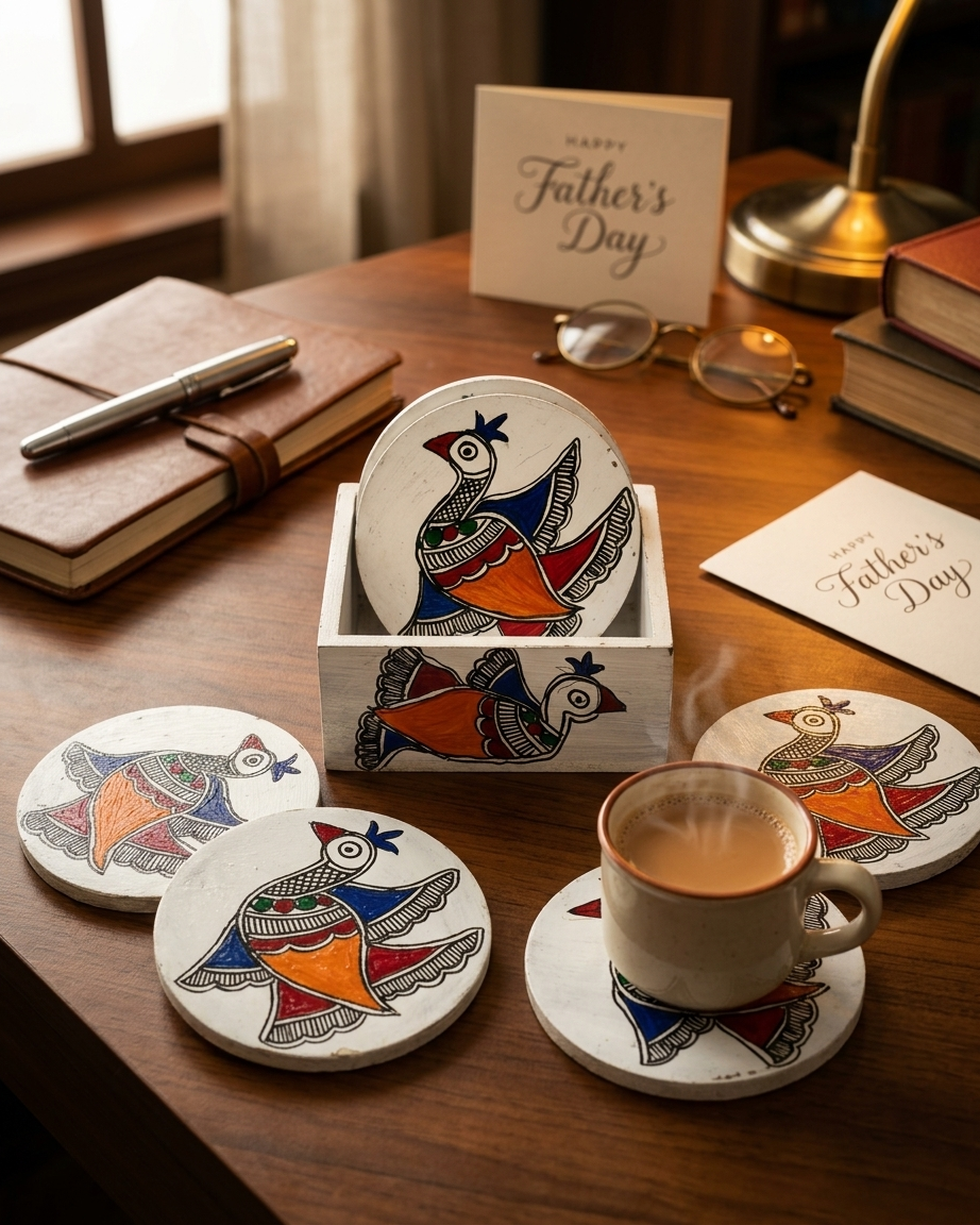 Handmade Peacock Design Madhubani Coaster Set with Stand | Tea Coasters Set of 6