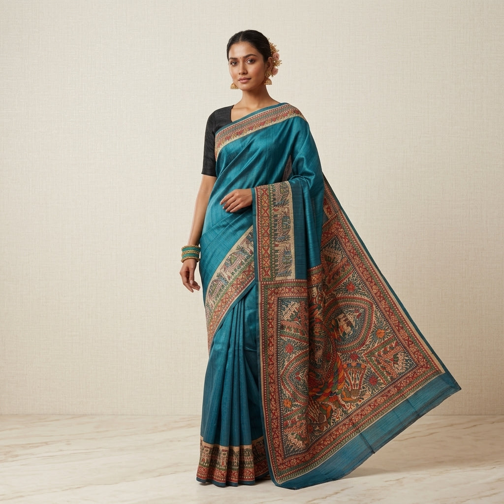 Traditional Blue Handmade Madhubani Painting Saree with Blouse