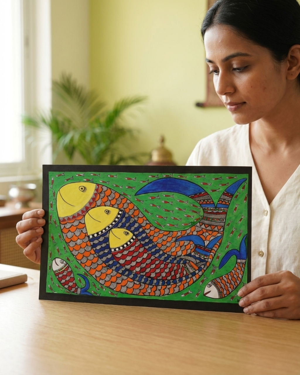 Fish Madhubani Painting on Handmade Paper (14x22 Inch) – Traditional Mithila Folk Art Wall Decor