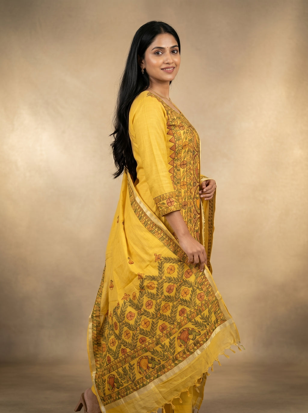 Hand-Painted Madhubani Unstitched Kurti Palazzo & Dupatta Set | Handmade Ethnic Dress