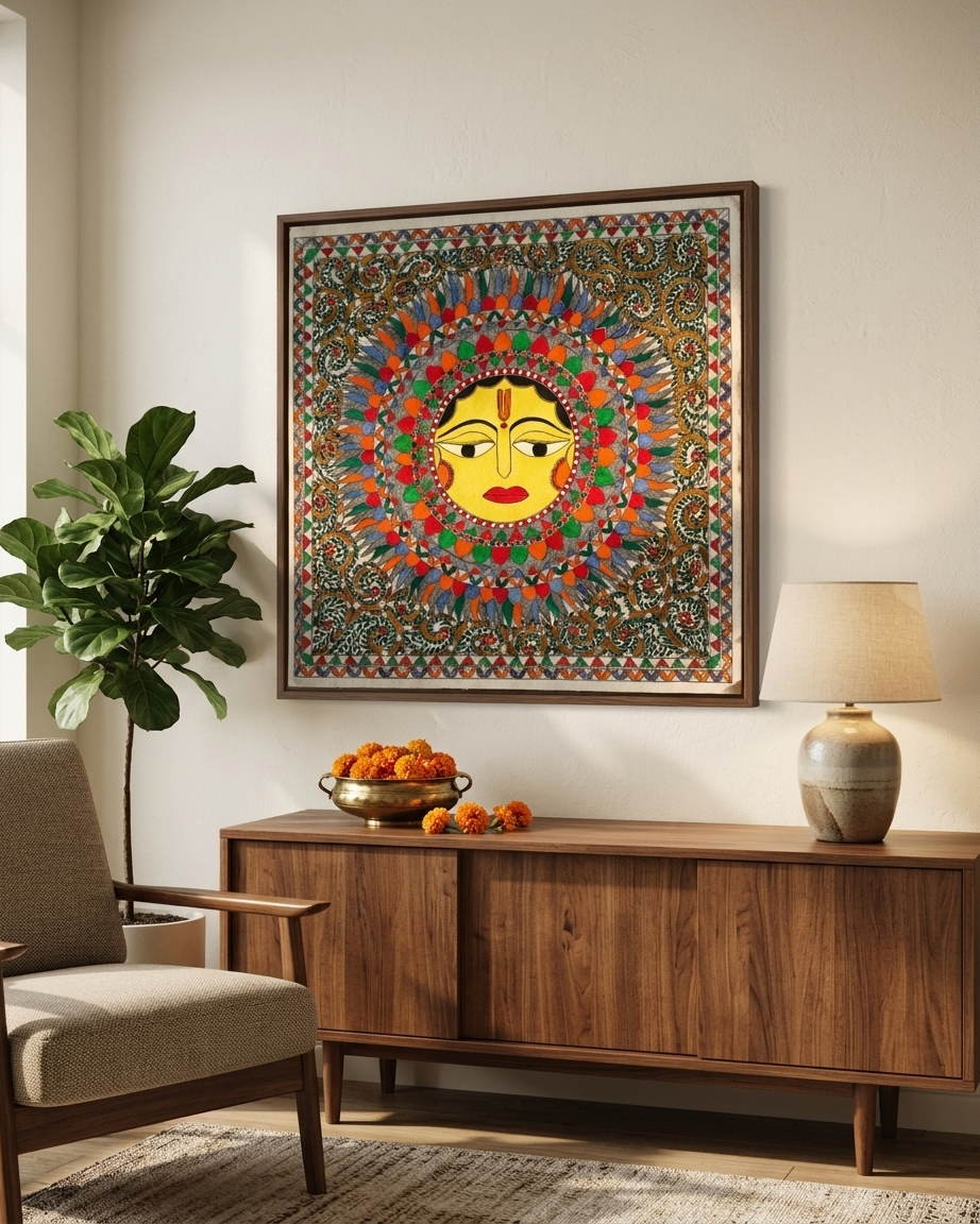 Lord Sun Madhubani Painting - Handmade Traditional Wall Art