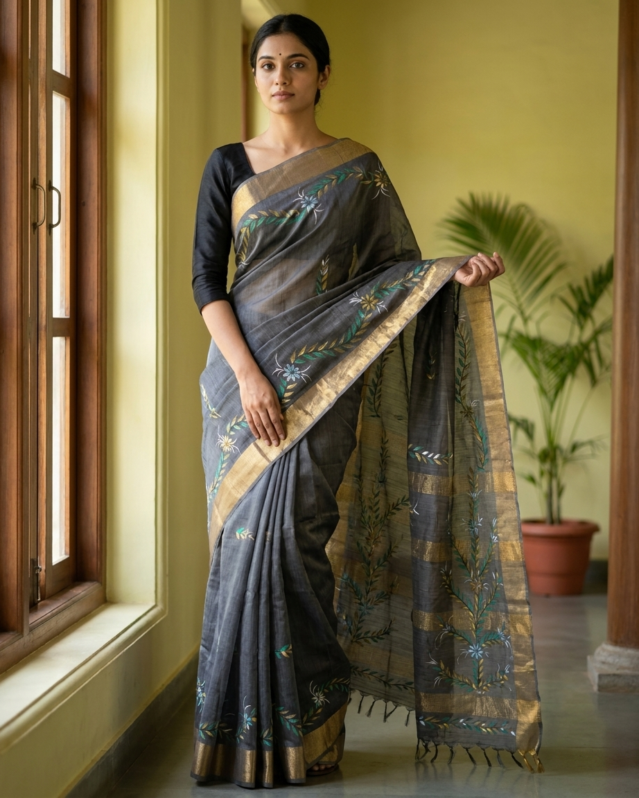 Dark Grey Handmade Madhubani Painting Saree with Blouse - Traditional Mithila Art