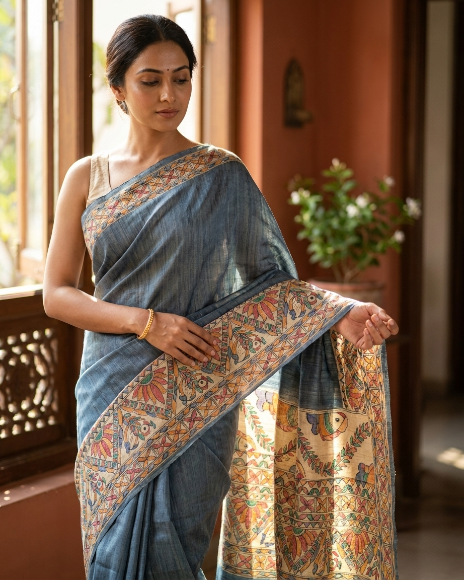Handmade Madhubani Painting Saree with Blouse | Hand-Painted Ethnic Saree for Women