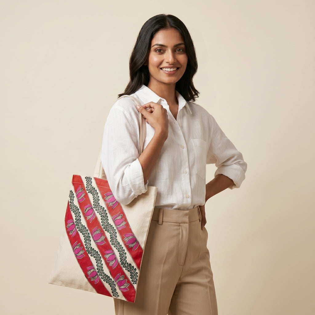 Hand-Painted Madhubani Painting Tote Bag – Handmade Ethnic Carry Bag