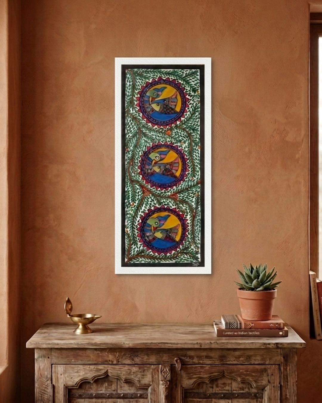 Peacocks and Fish Madhubani Painting on Handmade Paper (11x28 Inch) – Traditional Mithila Folk Art Wall Decor