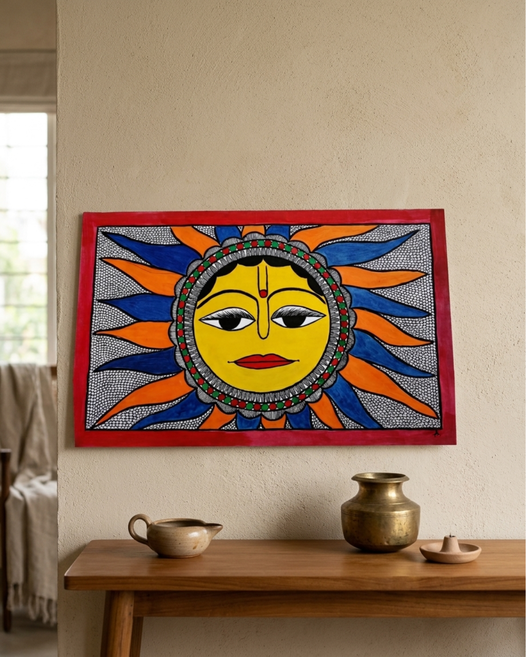 Sun Madhubani Painting on Handmade Paper (14x22 Inch) – Traditional Mithila Folk Art Wall Decor