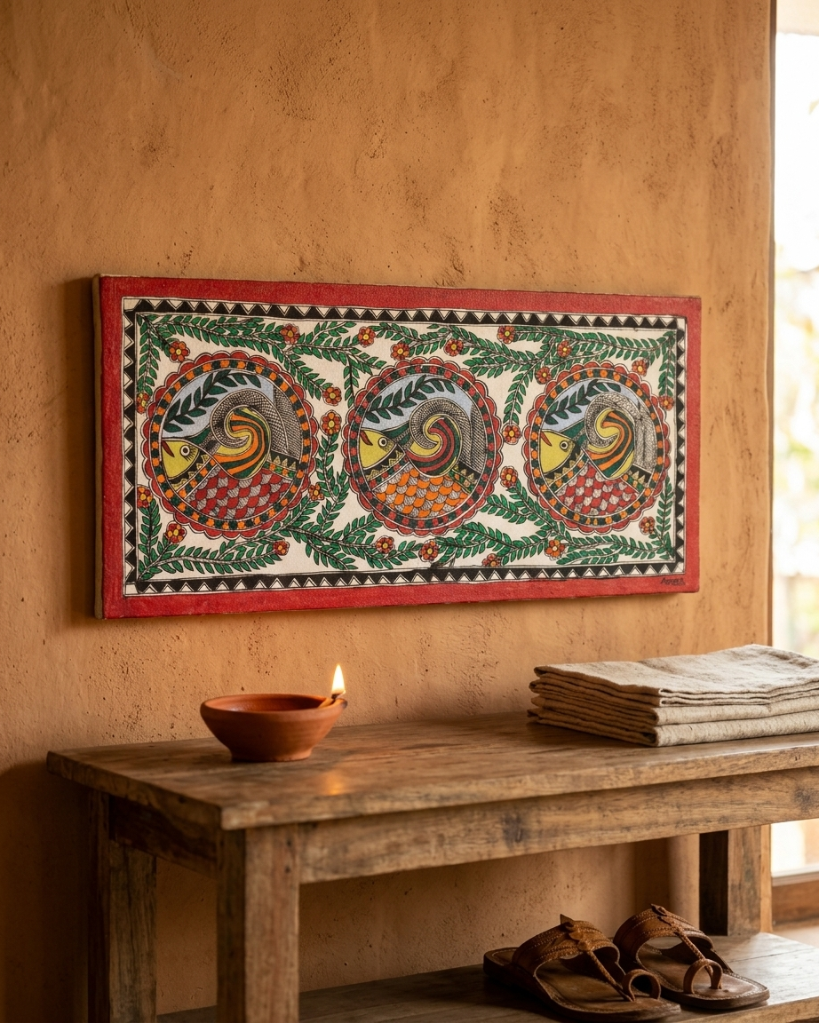 Fish Madhubani Painting with Frame – Handmade Wall Art