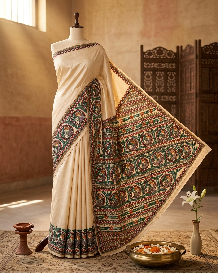 Handmade Madhubani Painting Saree with Blouse | Hand-Painted Ethnic Saree for Women