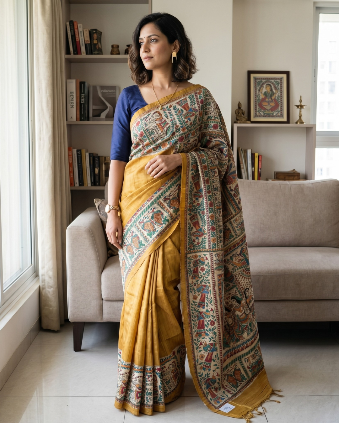 Handmade Madhubani Painting Saree with Blouse | Hand-Painted Ethnic Saree for Women