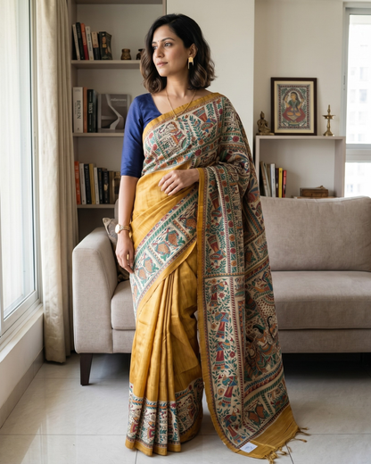 Handmade Madhubani Painting Saree with Blouse for Women