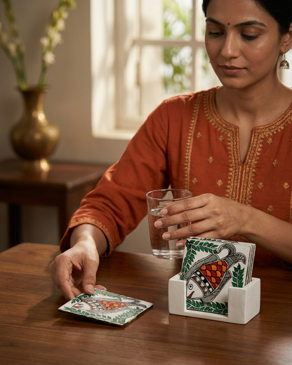 Handmade Fish Madhubani Painting Coaster Set with Stand