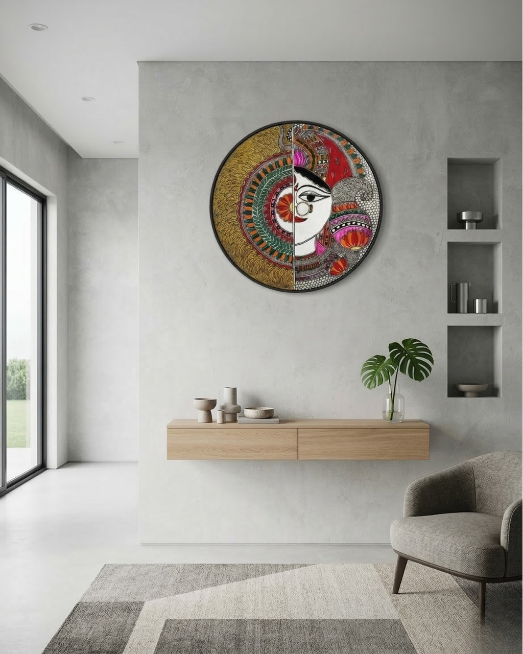 Feminine Spirit & Half-Face Mandala Madhubani Wall Art | 12 Inch MDF Board