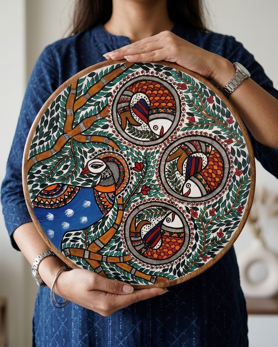 Peacock and Fish Madhubani Wall Art on MDF Board – Handmade Mithila Painting for Home Decor