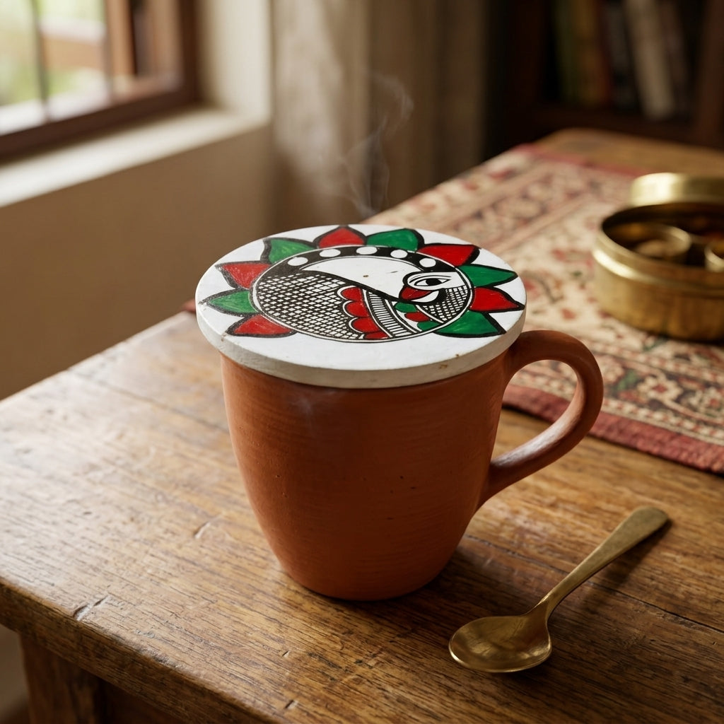 Handmade Peacock Design Madhubani Coaster Set with Stand | Set of 6 Decorative Tea Coasters
