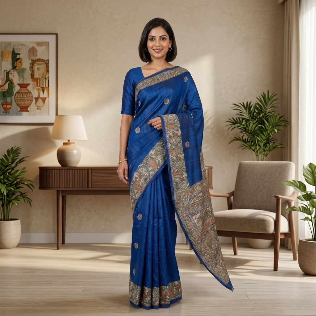 Blue Handmade Madhubani Painting  Saree with Blouse