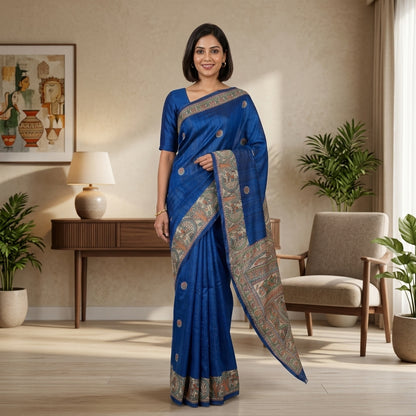 Blue Handmade Madhubani Painting Saree with Blouse