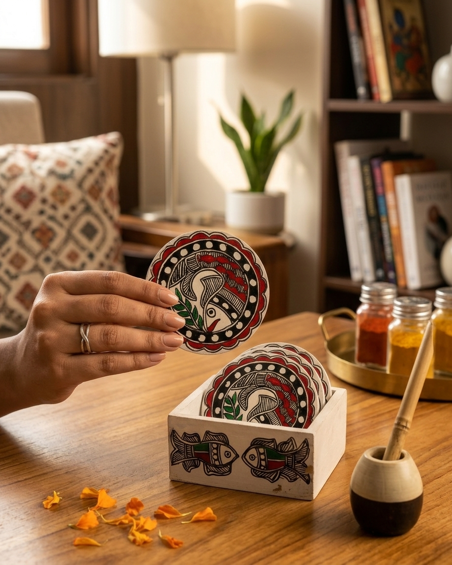 Handmade Fish Design Madhubani Coaster Set with Stand | Tea Coasters Set of 6