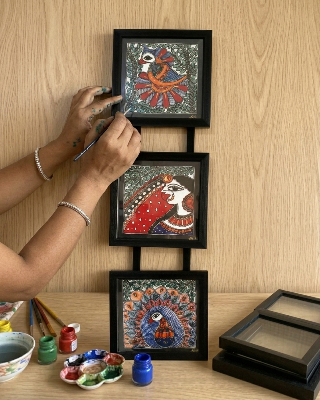 Peacock & Woman Madhubani Painting Triple Frame (7x8 Inch) | Wall Hanging Decor