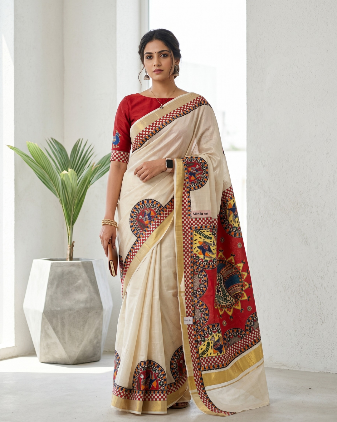 Handmade Madhubani Painting Kerala Cotton Saree with Blouse | Ethnic Saree
