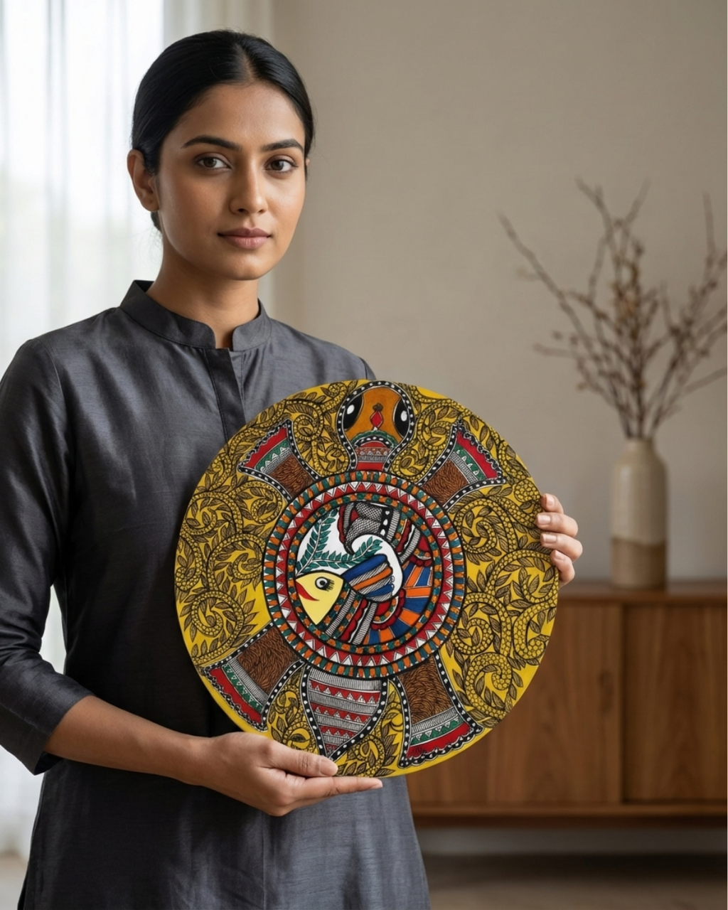 Kurma (Tortoise) with Fish & Floral motifs Madhubani Wall Art | 14 Inch MDF Board