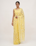 Light Yellow Floral Handmade Madhubani Painting Saree with Blouse
