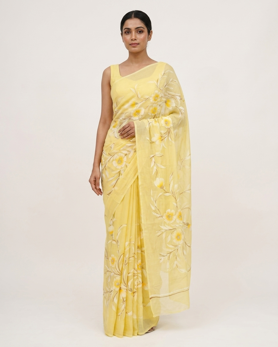 Light Yellow Floral Handmade Madhubani Painting Saree with Blouse