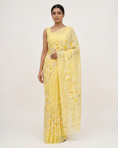 Light Yellow Floral Madhubani Saree with Blouse