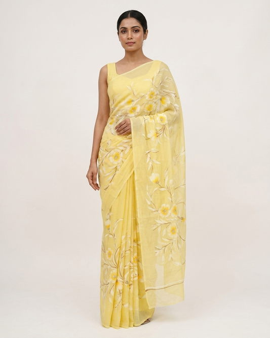Light Yellow Floral Madhubani Saree with Blouse