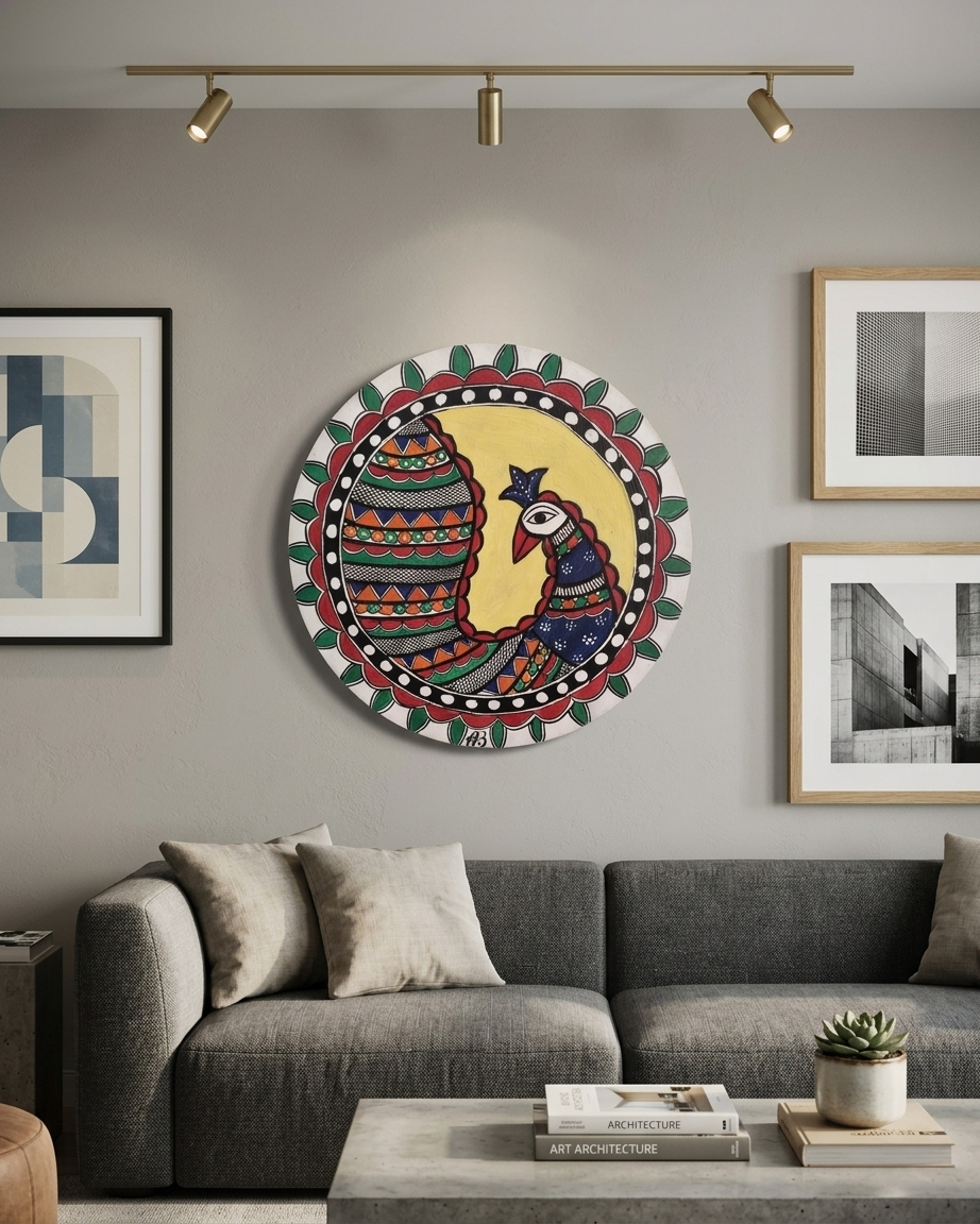 Peacock Madhubani Painting Wall Art – Handmade Indian Folk Art Decor